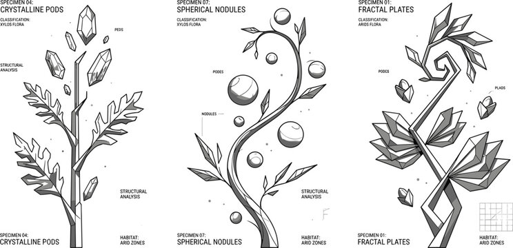 Fantasy crystal plant blueprint vector collection with surreal botanical schematics magical flora and futuristic organic growth concepts