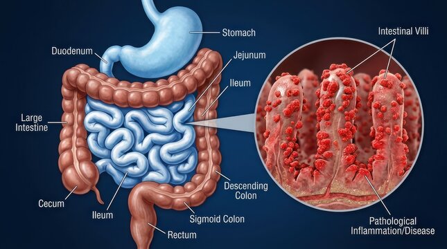 Detailed human digestive system anatomy illustration with inflamed intestinal villi close up