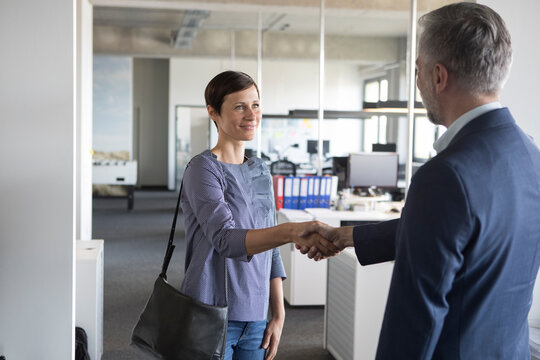 Businessman and businesswoman shaking hands in office