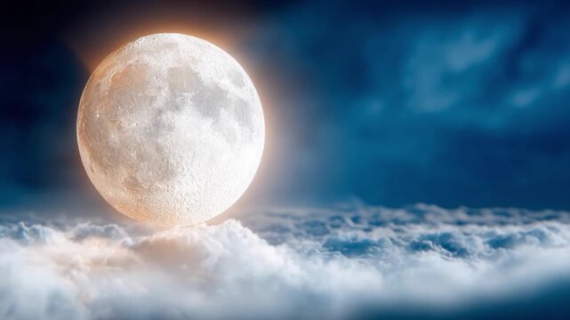 Celestial Orb Above Clouds: A luminous full moon hangs majestically in the night sky, its light illuminating a sea of soft, ethereal clouds, creating a surreal and tranquil atmosphere.