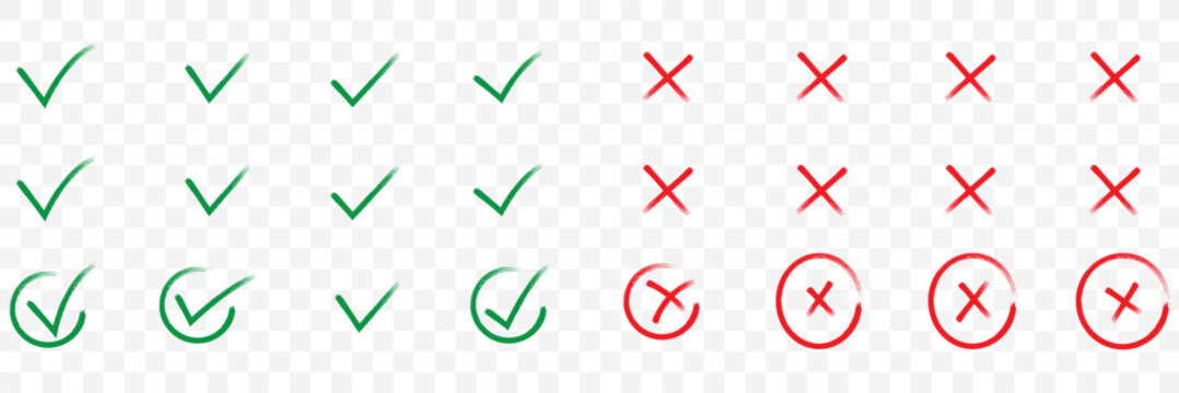Check tick mark icon set. Cross box x check mark checkbox v list vector draw hand drawn sketch doodle brush marker checklist symbol wrong right circle. Vector Illustration. Cross box x check mark icon