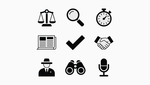 Black and white of scales magnifying glass stopwatch newspaper checkmark handshake man binoculars microphone