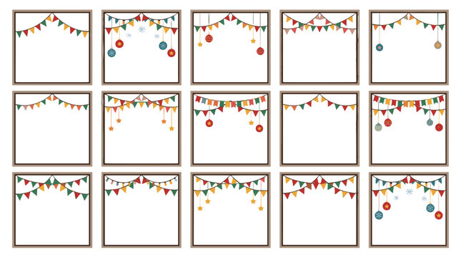 Set of twelve colorful holiday garland banners with festive decorations