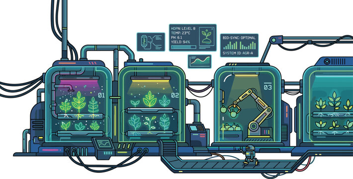 Futuristic bio lab farming vector illustration with automated hydroponic plant chambers and cyberpunk agricultural technology systems