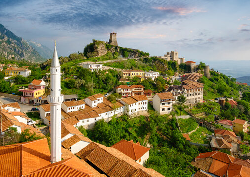 Albania, Kruje, townscape with bazaar street, Bazaar Mosque, Skanderbeg Museum and fortress