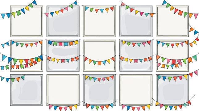 Colorful party banners and flags hanging on string for celebration