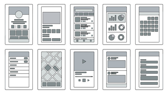 Collection of various mobile devices and screens with app interfaces