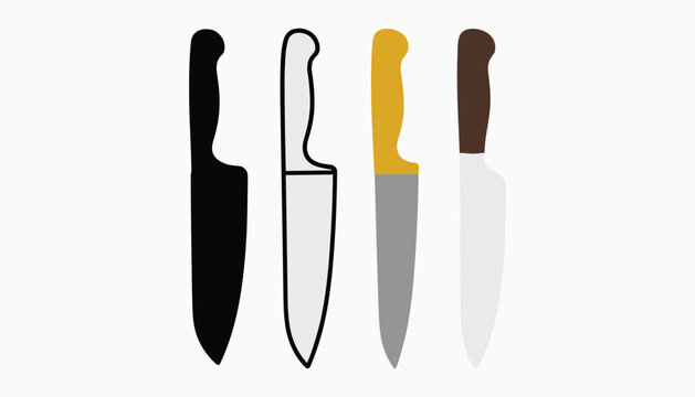 Four kitchen knives with different colored handles chef knives cooking utensils cutlery black handle vector illustration isolated on white background