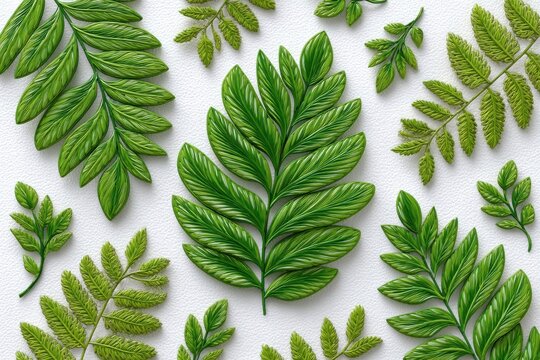 Intricate Green Leaf Pattern Artfully Arranged on a Textured White Background