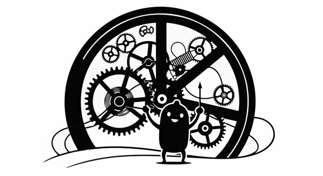 Whimsical character operating a complex clockwork mechanism with a smile