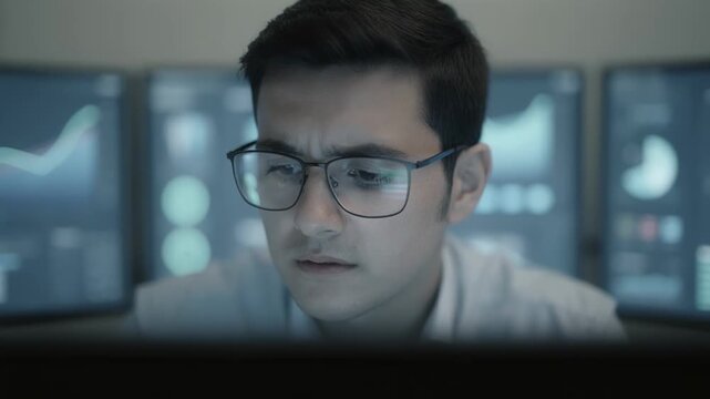 Closeup of small business insurance analyst concentrating on cyber risk dashboards with alert signals blurred background conveys focused assessment in pooling operations.
