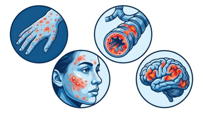 Autoimmune disease illustration skin rash inflamed gut neurological symptoms and facial dermatitis depiction
