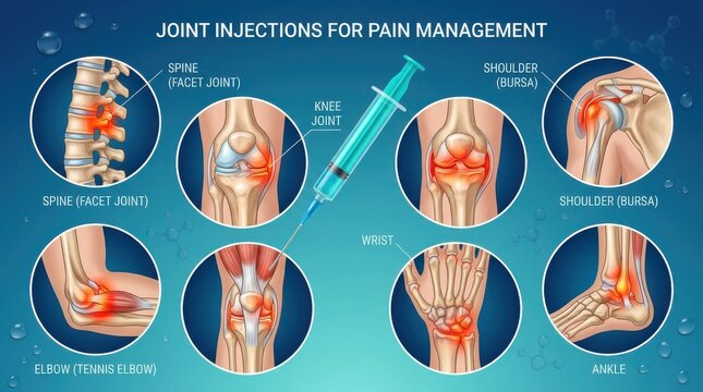 Joint injections for pain management anatomical illustration of injection sites