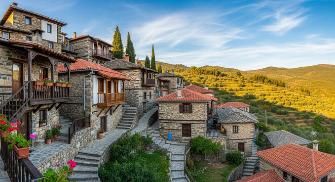 Traditional Stone Houses in a Picturesque Mediterranean Village on a Hillside Under Blue Sky