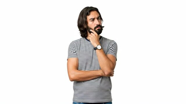 Thoughtful man in striped shirt contemplating with hand on chin