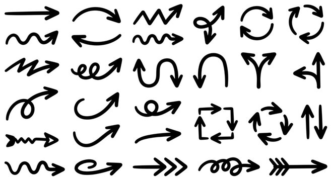 Hand Drawn Thick Marker Arrow Vector Set, Casual Directional Sketched Pointers for Presentations