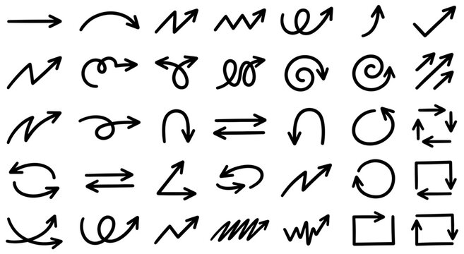 Thin Hand Drawn Arrow Vector Set, Sketched Curved and Looped Pointers for Bullet Journals