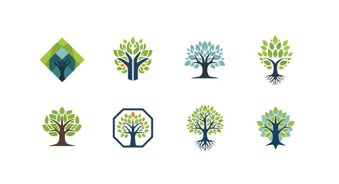 Minimalist Tree Logos and Environmental Icons with Halftone Pattern