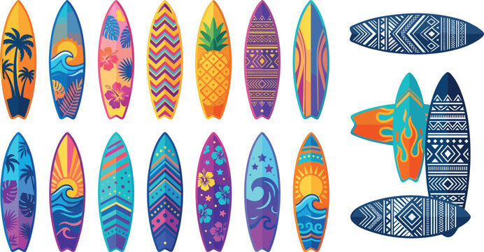Colorful Surfboard Vector Set with Tropical Patterns Palm Trees Waves Floral Designs and Tribal Elements for Summer Vacation Graphic Illustrations