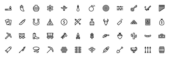 Wild West icon set. Western vector icon pack. Minimalist line icons. Including sheriff, totem, barbed wire, horseshoe, tipi, whiskey, dynamite, wanted, cactus, revolver and more. Editable stroke. © wang