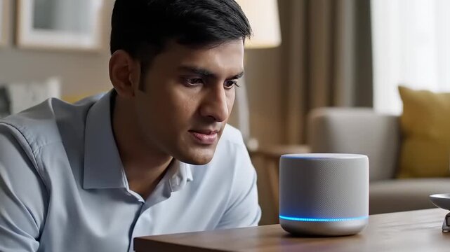 Man Interacting with Smart Speaker at Home, Using Voice Commands for Assistance.