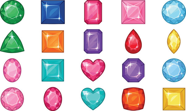 Colorful Faceted Gemstone and Crystal Vector Set with Heart Teardrop Square and Oval Shapes for Match Three Mobile Game UI Assets