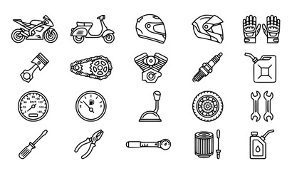 Minimal black and white motorcycle mechanic icon vector with bikes parts and repair equipment © MD SHAHAG ISLAM