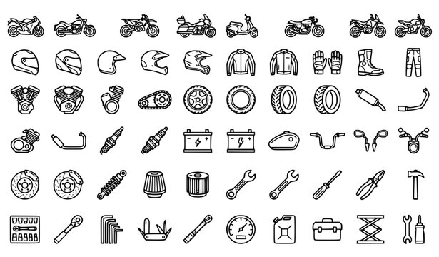 Black and white motorcycle line icon set vector with bike parts mechanic tools and riding equipment