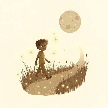 Mia & Jon's Night Adventure #9 - Boy Walking on Magical Path with Fireflies and Moon, Children's Watercolor Illustration

