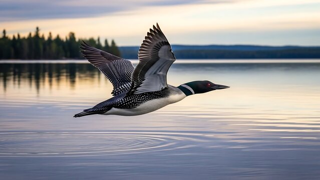 Great northern diver flying low over tranquil lake water at dawn