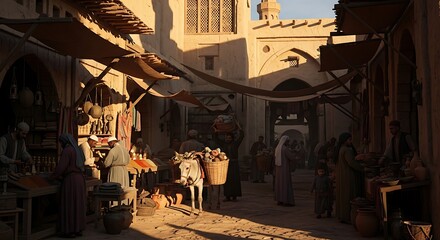 Obraz premium Traditional Middle Eastern market scene with people shopping and selling goods