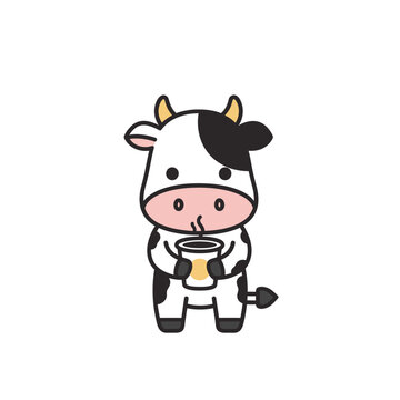 Cute cartoon cow drinking beverage from cup, white background
