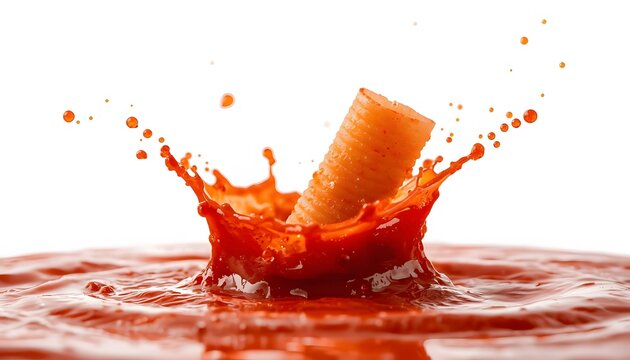 Rigatoni Pasta Falling into Red Tomato Sauce with Dynamic Splash and Droplets on White Background