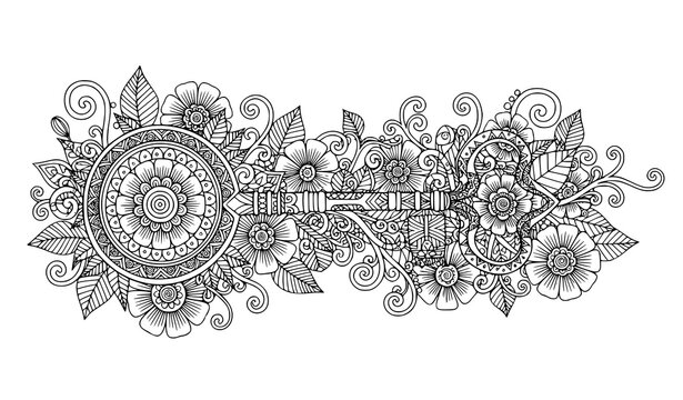 Intricate steampunk key with mandala floral patterns coloring sheet vector