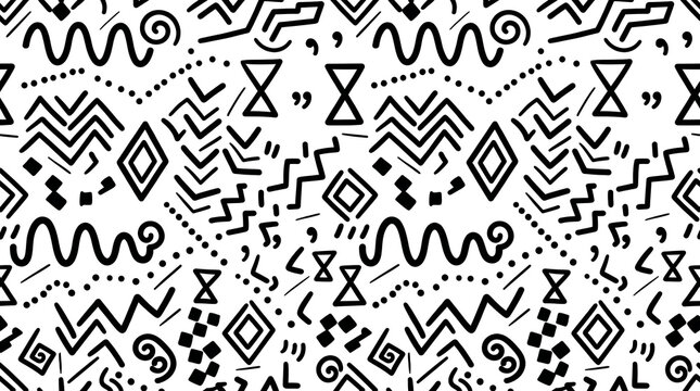 Seamless Memphis Pattern &ndash; Bouncy Wave Trains, Staccato Dots, and Offset Chevrons in Black on White