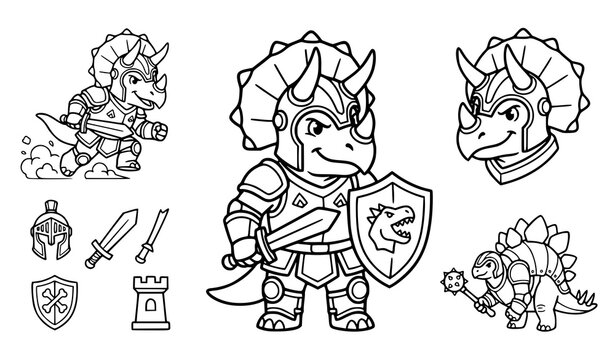 Cute triceratops dinosaur knight with sword and shield coloring page vector