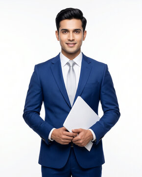 professional indian property consultant holding file folder for real estate investment housing finance rental and luxury property marketing concept