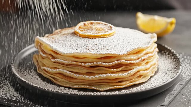 Large stack of golden brown thin crepes or pancakes on a black plate being sprinkled with white powdered sugar, decorated with a dried lemon slice on top against a dark background.