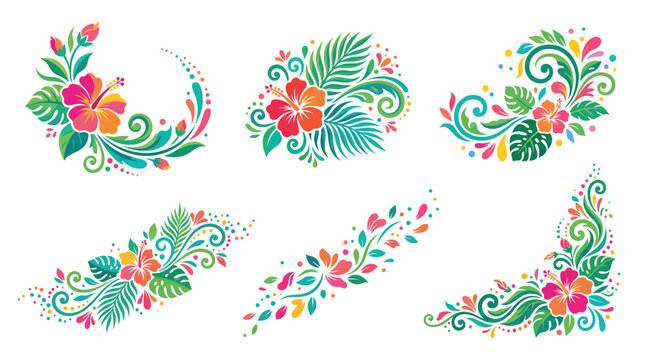 Tropical floral ornament set featuring hibiscus flowers and exotic palm leaves on white background
