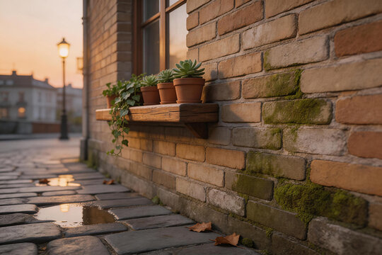 Potted Succulents and Ivy on Wooden Shelf Against Mossy Brick Wall with Cobblestone Street at Sunset