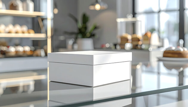 Blank white bakery box on a reflective surface in a bakery setting, ready for custom branding, food packaging mockup