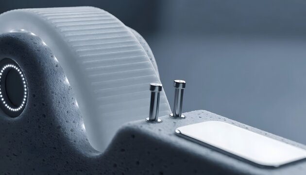 Close-up of a wearable device calibration jig with pins on a textured surface