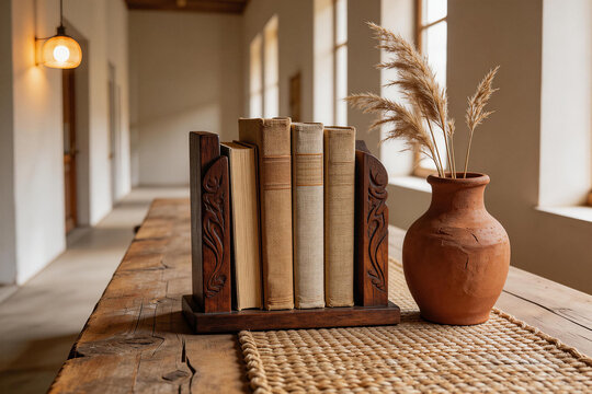 Rustic wooden table with vintage books in wooden bookends and a ceramic vase with dried pampas grass in a bright room