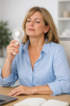 Menopause hot flash relief with woman using handheld fan shows midlife womens health symptom management workplace wellness daily coping routine and hormone transition concept for stock use