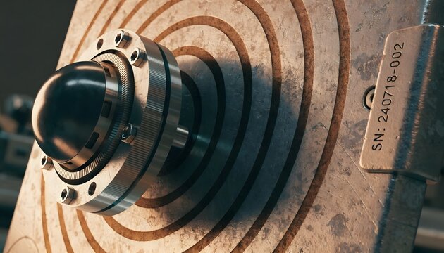 Close-up of an anodized industrial IoT sensor puck with serial number on a textured surface