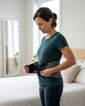 Lumbar support belt fastening shows lower back pain management spine support mobility care orthopedic routine and rehabilitation concept for healthcare marketing and stock use
