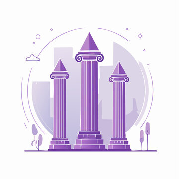 Three Ionic Columns with Cityscape Background