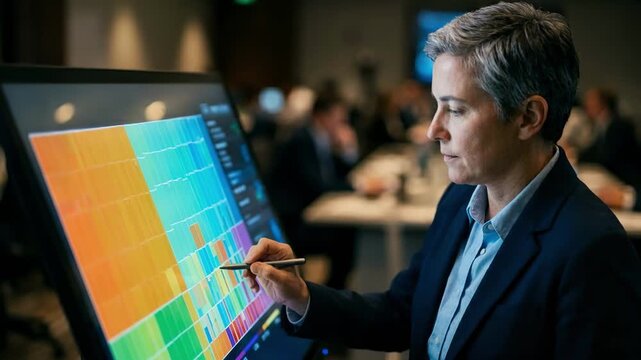 Closeup view of an expert dissecting fixed income security returns using interactive graphics on a big screen highlighting bond sectors in sharp contrast to an unfocused