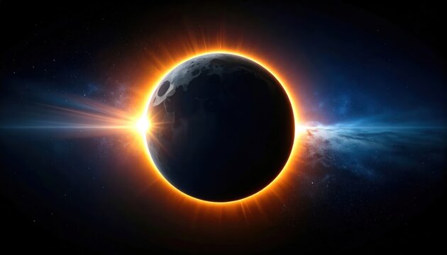 Dramatic cosmic scene of a dark planet eclipsing a vibrant star casting an intense orange and yellow glow across the deep space background with nebulae and distant stars.