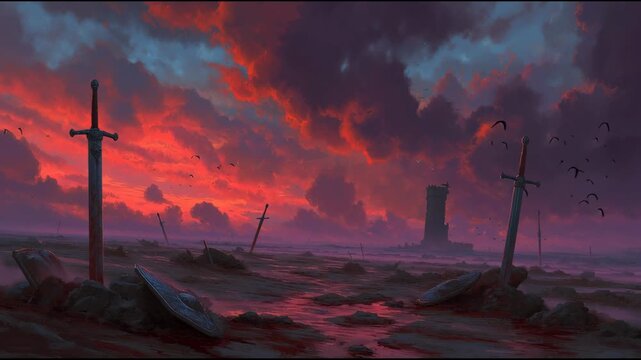 A dark battlefield is filled with fallen swords as birds fly overhead and distant towers stand against the sky after a great battle